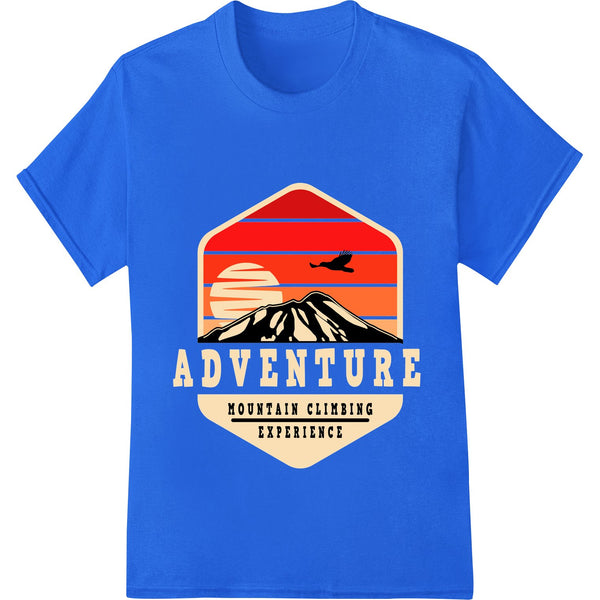 A bold, graphic design featuring a mountain climber scaling a rocky peak against a vibrant sunset sky, perfect for custom...