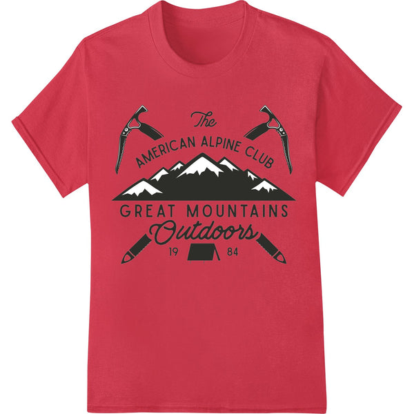 The American Alpine Club's DTF print design featuring a mountain climber scaling a peak with a stylized sun in the...