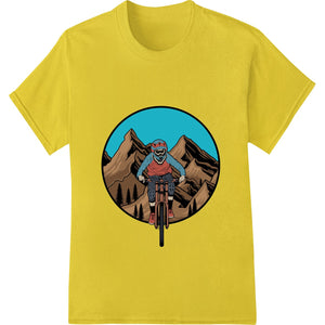 Extreme mountain biking design featuring a cyclist riding against a vibrant sunset backdrop in the mountains.