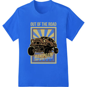 Vibrant DTF print design featuring a menacing monster truck blazing through rugged terrain, perfect for outdoor adventures.