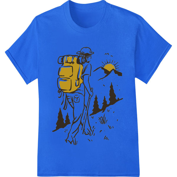 A bold and adventurous design featuring a mountaineer climbing a rugged peak with the text 'Conquer the Wilderness.'