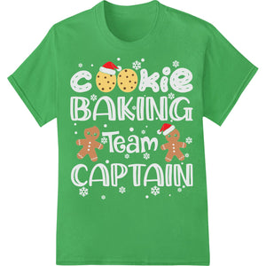 Cartoon gingerbread character in a chef's hat, holding a spatula and mixing bowl, with the text 'Cookie Baking Crew Captain'