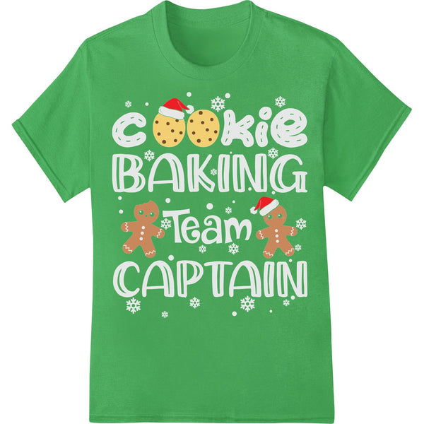 Cartoon gingerbread character in a chef's hat, holding a spatula and mixing bowl, with the text 'Cookie Baking Crew Captain'