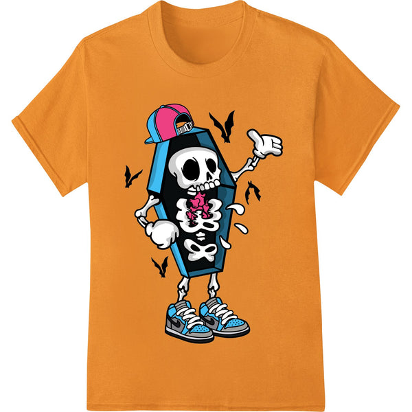 A bold and whimsical cartoon skeleton design, perfect for creating custom Halloween-themed t-shirts using DTF heat transfer...