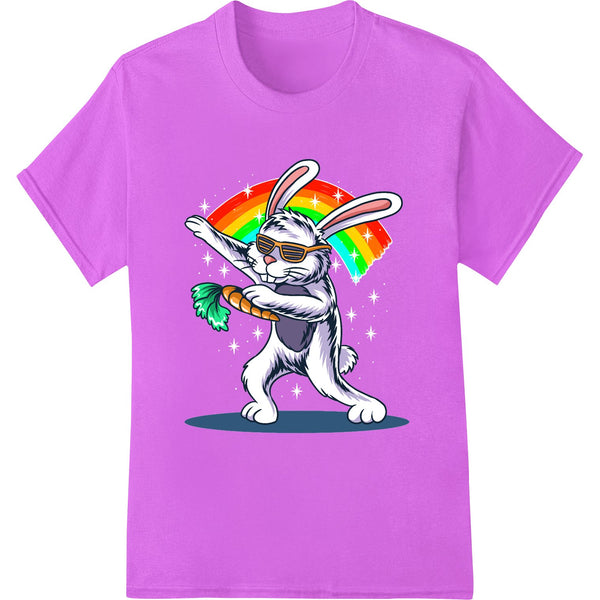 A colorful DTF print design featuring a rabbit wearing sunglasses with a rainbow in the background.