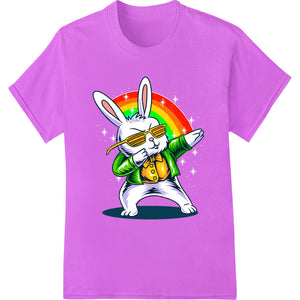 A colorful DTF print design featuring a hip bunny wearing sunglasses with a rainbow background, ideal for Easter t-shirts.