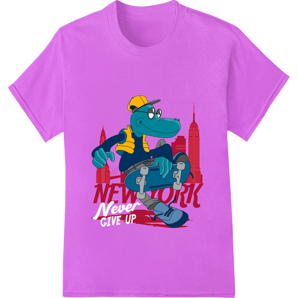 Cool cartoon alligator character wearing sunglasses in stylized New York City scene with skyline in background