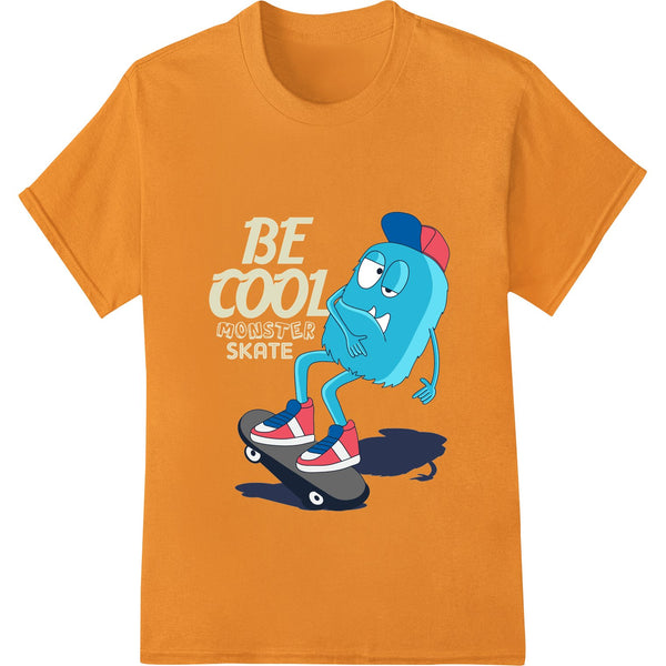 A cool monster character skateboarding with the text 'Be Cool' in a stylized font, designed as a DTF heat transfer print