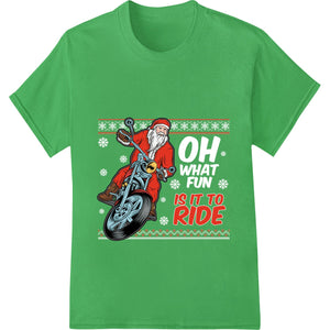 Santa in leather jacket riding a motorcycle with Christmas trees, presents in the sidecar