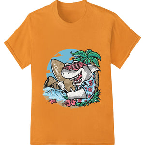 Colorful design of a smiling shark wearing a Hawaiian shirt and sunglasses, giving off summer beach vibes.