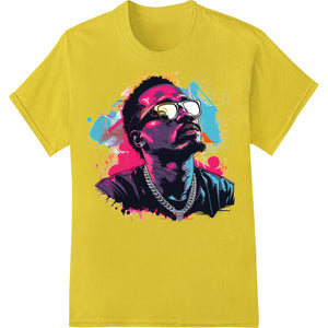 Artistic splatter portrait DTF heat transfer with bold colors in an edgy, cool style for custom t-shirt printing