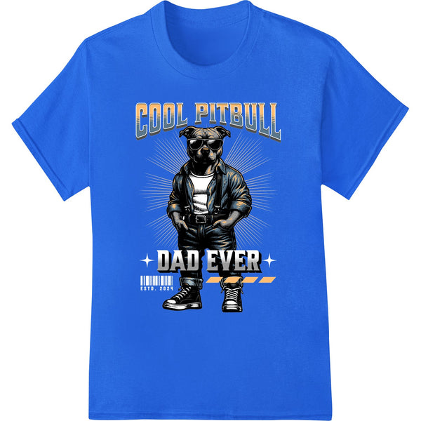 Bold black and white line art design of a pitbull dog wearing sunglasses with the text 'Coolest Pitbull Dad Ever'