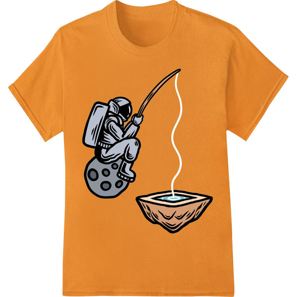 Whimsical design of an astronaut angling in space, printed using DTF heat transfer on a vibrant t-shirt.