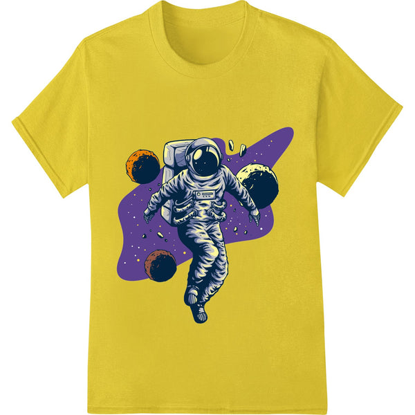 Colorful DTF print featuring an astronaut surrounded by a cosmic swirl of galaxies and stars for custom apparel decoration.