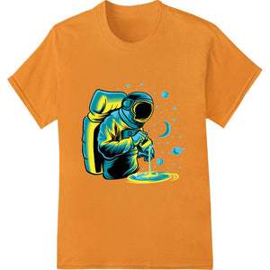 Vibrant DTF print of an astronaut in cosmic colors against a galaxy backdrop, ideal for heat transfer on apparel.