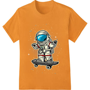 Edgy illustration of an astronaut riding a skateboard in space, surrounded by cosmic elements like planets and stars.