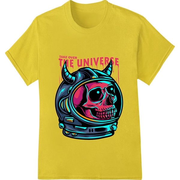 Cosmic astronaut skull illustration with space background, perfect for edgy DTF heat transfer prints on t-shirts and apparel.