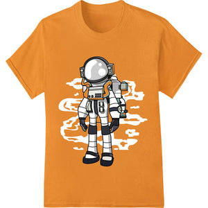 Whimsical cartoon-style astronaut design in shades of blue, purple, and yellow on a Direct to Film (DTF) heat transfer