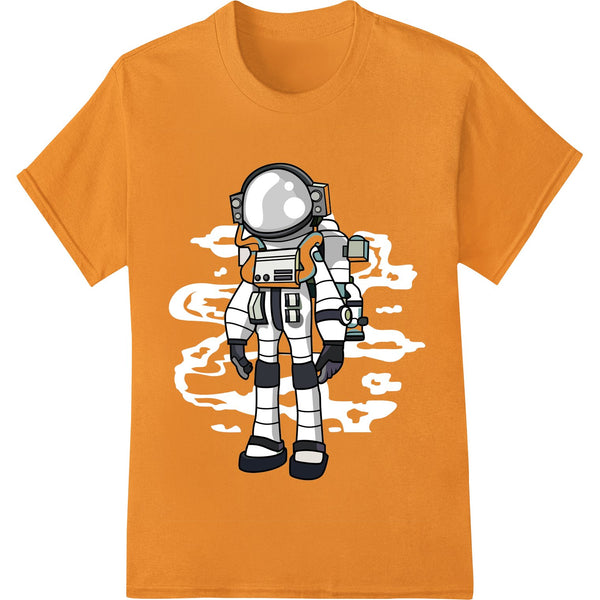 Whimsical cartoon-style astronaut design in shades of blue, purple, and yellow on a Direct to Film (DTF) heat transfer