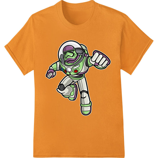 Vibrant DTF print heat transfer design featuring a cartoon astronaut with a space backdrop in a comic book style