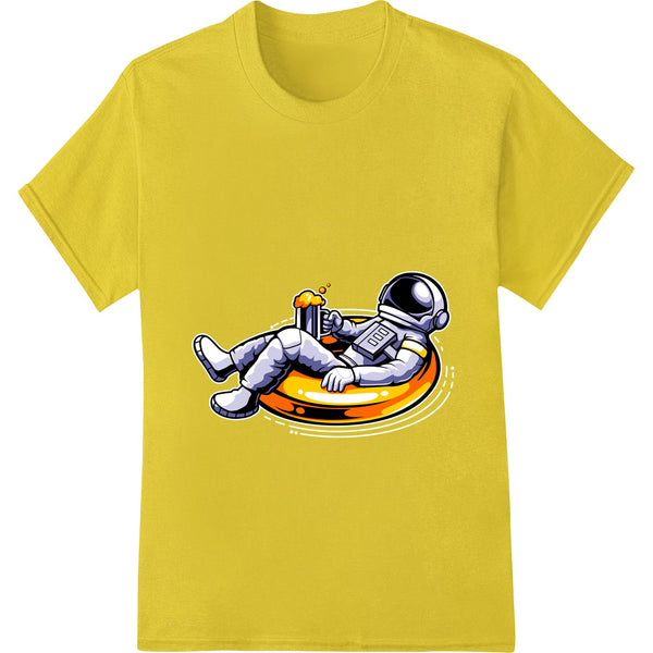 DTF heat transfer print of an astronaut lounging in a cosmic setting with planets and stars in the background