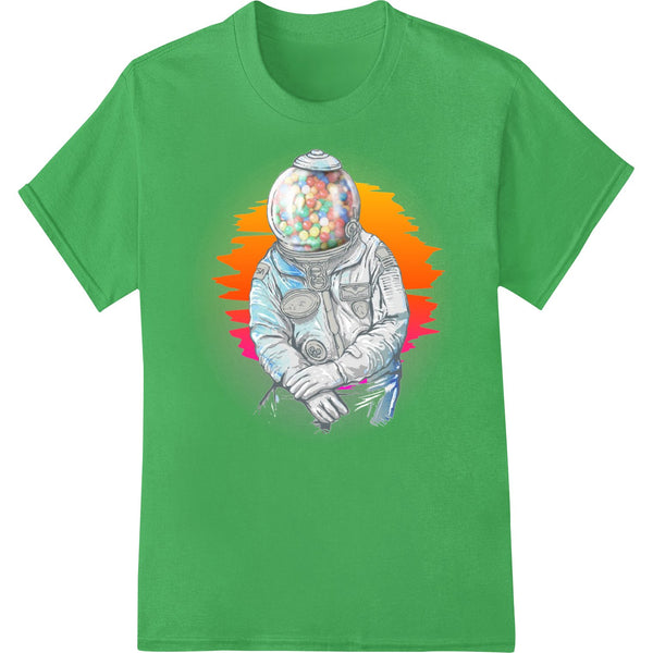 Astronaut gumball machine design with vibrant galaxy and planet graphics for DTF heat transfer printing on apparel.