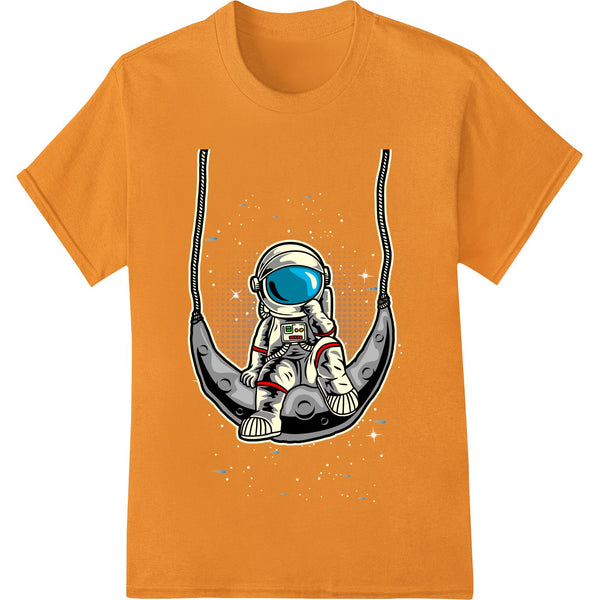 Digital art print of an astronaut swinging playfully on a crescent moon against a star-filled cosmic background.