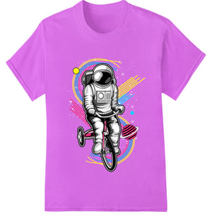 Colorful abstract design featuring an astronaut riding a bicycle through space with planets and stars in the background