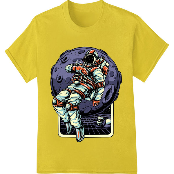 Colorful astronaut print design featuring an astronaut floating in space among stars and planets. Great for direct-to-film...