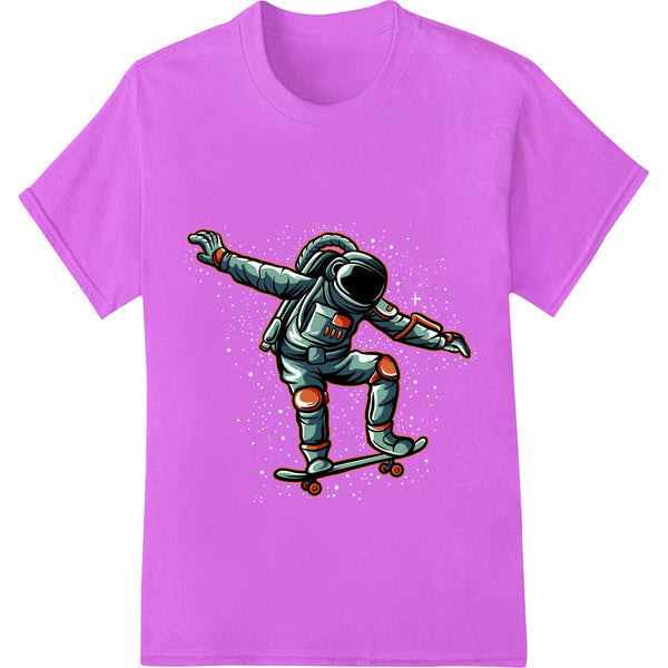 Digital print of an astronaut skateboarding through space with planets and stars in the background.