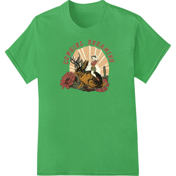 A rustic vintage design featuring a cowgirl silhouette against a desert landscape with cacti and an old wagon wheel.