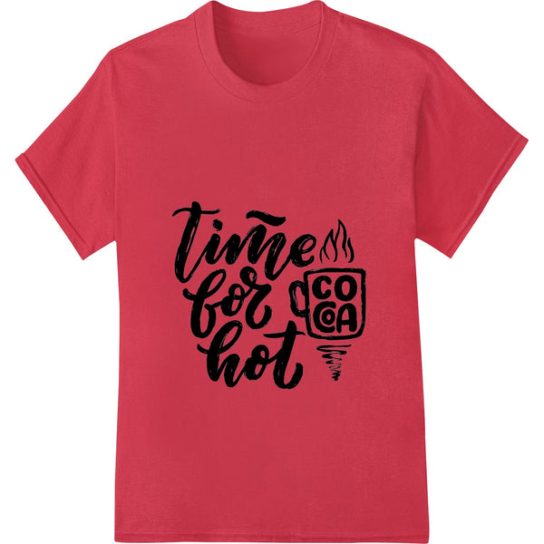 Cozy 'Time for Hot Cocoa' winter typography heat transfer design featuring a stylized illustration of a hot cocoa mug