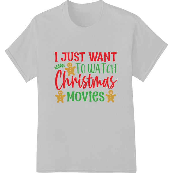 Festive DTF print design featuring holiday text 'Cozy Up With Christmas Movies' in green with illustrations of a Christmas...