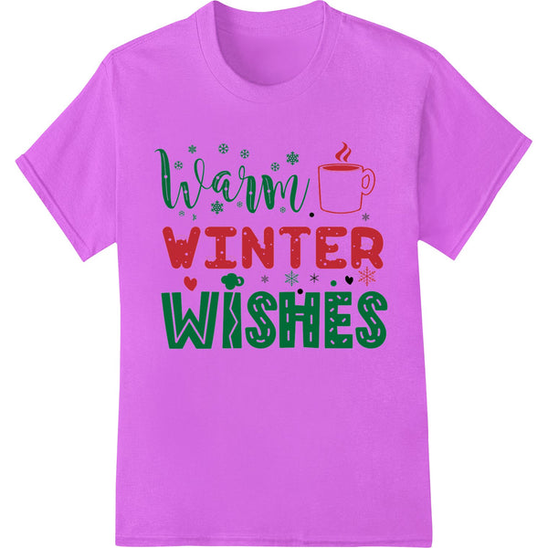 A heat transfer design featuring a cozy winter scene with a snowman, presents, and holiday decorations in red, green, and...