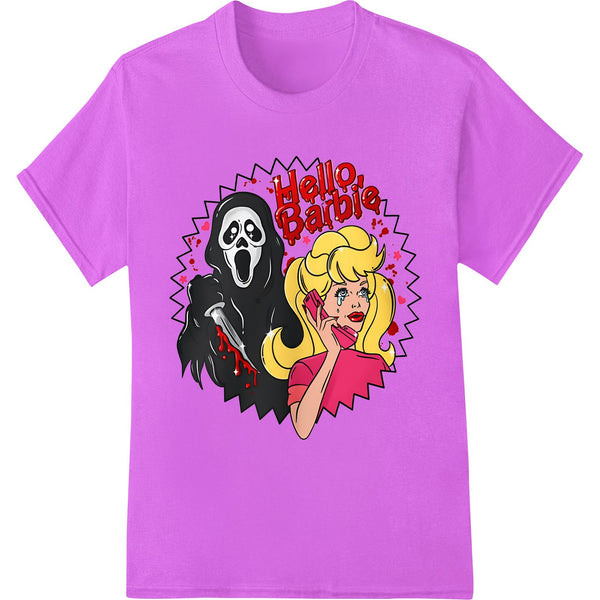 A horror-themed cartoon design featuring a creepy twist on the classic Barbie doll, perfect for a spooky Halloween DTF print.