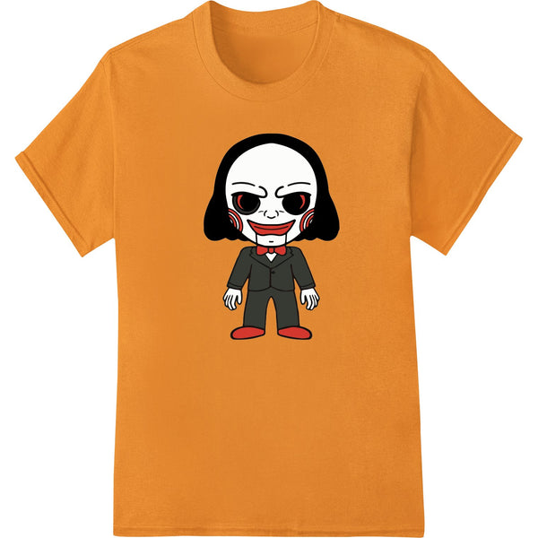 A creepy cartoon puppet design printed using the Direct to Film (DTF) heat transfer method, perfect for Halloween t-shirts.