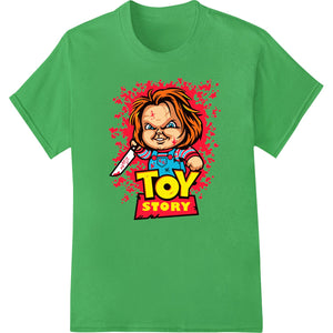 Creepy Chucky Toy Story doll with spooky Halloween design printed using Direct to Film transfer on black t-shirt