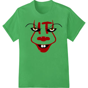 Creepy clown face Halloween heat transfer design with orange hair and a menacing grin, perfect for DTF printing on t-shirts