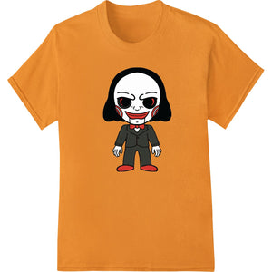 Creepy cute puppet design printed on a white t-shirt using direct-to-film (DTF) heat transfer printing technology.