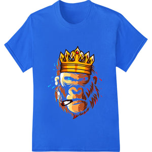 Crowned gorilla with fire and flames surrounding its head, a fierce heat transfer design for direct to film printing.