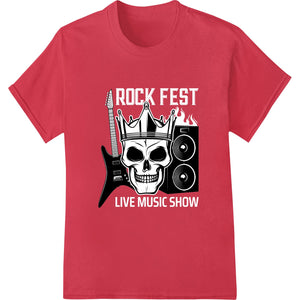 Graphic design of a crowned skull playing an electric guitar, suitable for DTF heat transfers on t-shirts and apparel.