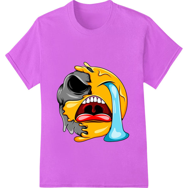 Vibrant direct to film heat transfer design of a crying cartoon emoji face with tears streaming down the cheeks