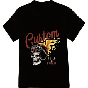 Custom Build & Repair DTF print design featuring a fiery motorbike mechanic illustration for custom t-shirt printing.