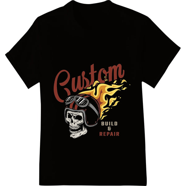 Custom Build & Repair DTF print design featuring a fiery motorbike mechanic illustration for custom t-shirt printing.