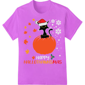 A black cat sits atop a pumpkin in this cute fall and Halloween themed direct to film heat transfer print