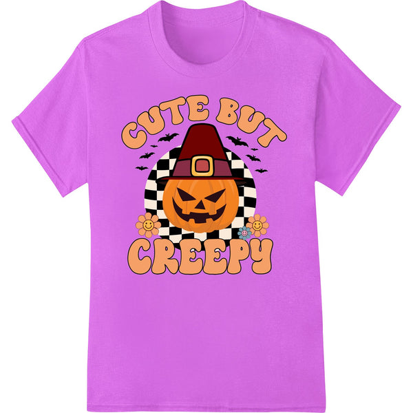 Cute cartoon-style pumpkin illustration with a spooky smile and haunting eyes, suitable for Halloween DTF printing on...