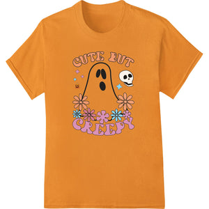 A creepy but adorable ghost with big eyes and a mischievous grin, perfect for Halloween DTF heat transfer prints on apparel.