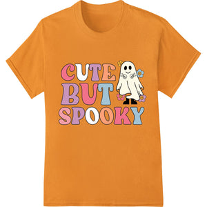 Playful cartoon design featuring ghosts, jack-o-lanterns, and other cute Halloween characters in black, orange, and white...