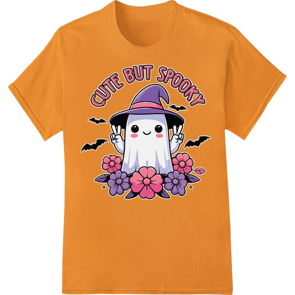 A cute cartoon ghost with a spooky expression and 'boo' text, designed as a DTF print heat transfer for custom apparel.