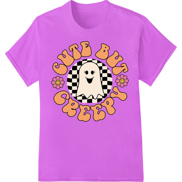 Cute ghost cartoon character design with black outline and orange pumpkin shapes, perfect for Halloween DTF heat transfers.